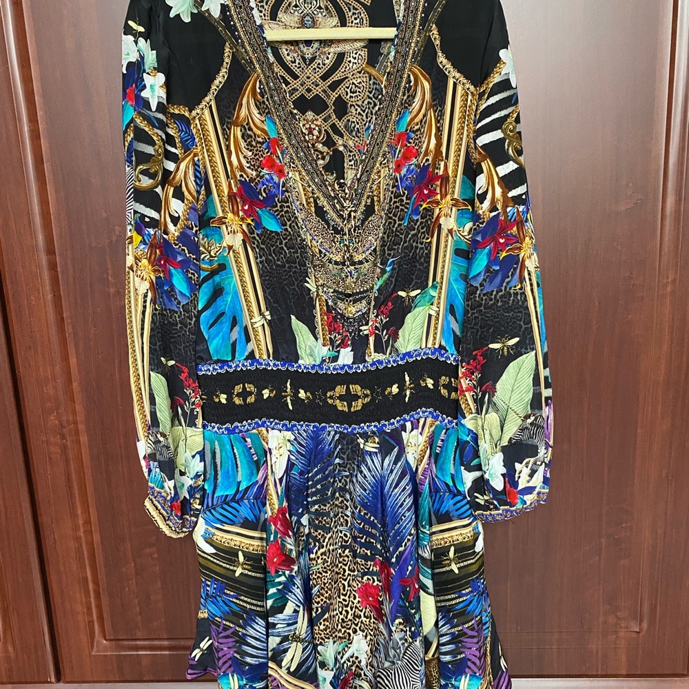 Camilla Shirred Relaxed Rainbow Room Dress 100% Silk - Picture 2 of 9